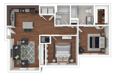 Floor plan for 2 beds, 2 baths, 959 sqft